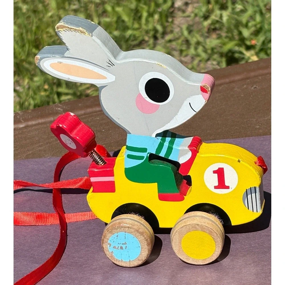 Vintage Pull Toy Kids Bunny Rabbit Race Car spring Retro wooden Unique Dje